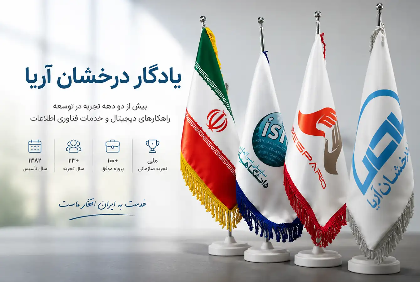 چهار پرچم ایران، یادگار، بسپارید و سازمان بینالمللی دانشگاهیان روی یک میز طوسی رنگ به همراه نام شرکت یادگار درخشان آریا و شعار خدمت به ایران افتخار ماست