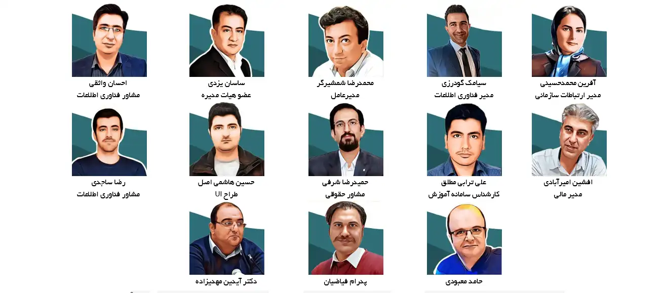 تیم شرکت یادگار درخشان آریا شامل تصاویر، نام و سمت آنها از جمله محمدرضا شمشیرگر مدیرعامل، ساسان یزدی عضو هیات مدیره، آفرین محمدحسینی مدیر ارتباطات سازمانی