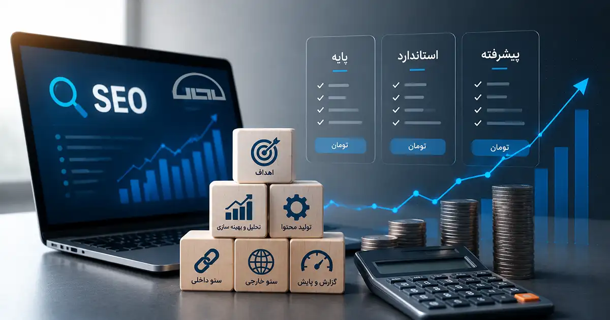 یک مانیتور که عنوان سئو به انگلیسی روی آن درج شده و چند باکس جلوی آن شامل اهداف، تولید محتوا، تحلیل، گزارش، سئو خارجی و داخلی و یک ماشین حساب روی میز