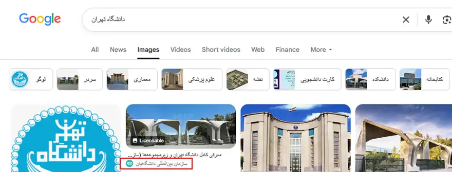 صفحه نتایج گوگل برای سرچ کلیدواژه دانشگاه تهران در بهش تصاویر که سایت سازمان بین‌المللی دانشگاهیان را به‌عنوان دومین نتیجه نشان می‌دهد